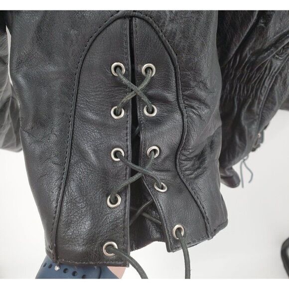 Vintage Interstate Leather Jacket Womens Motorcycle Black Lace Up Side Braided - Picture 6 of 12